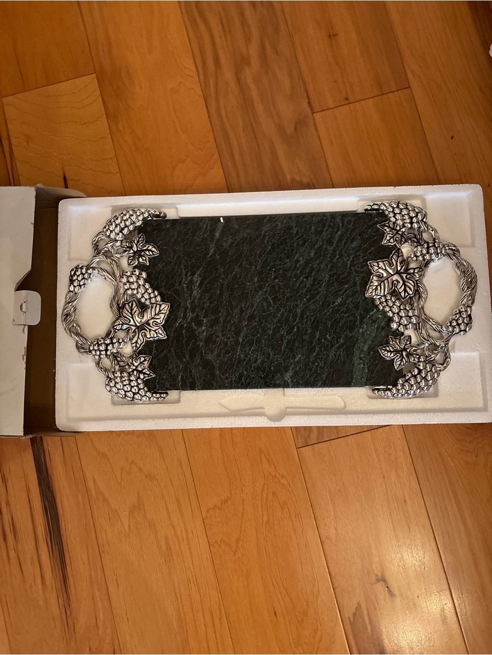 Decorative Green Marble Serving Tray with Silver Grape Handles